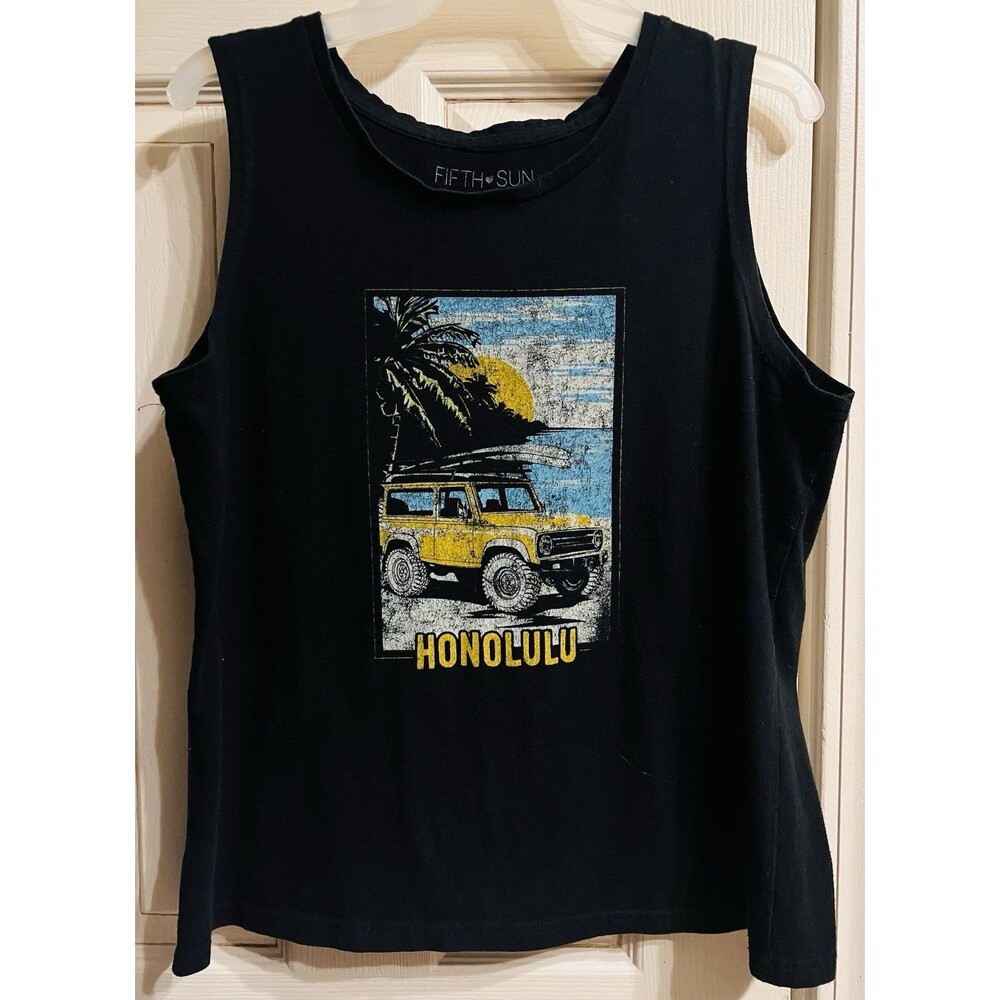 Fifth Sun Honolulu Graphic Tank Top Women’s Large Black Beach Surf Jeep Shirt